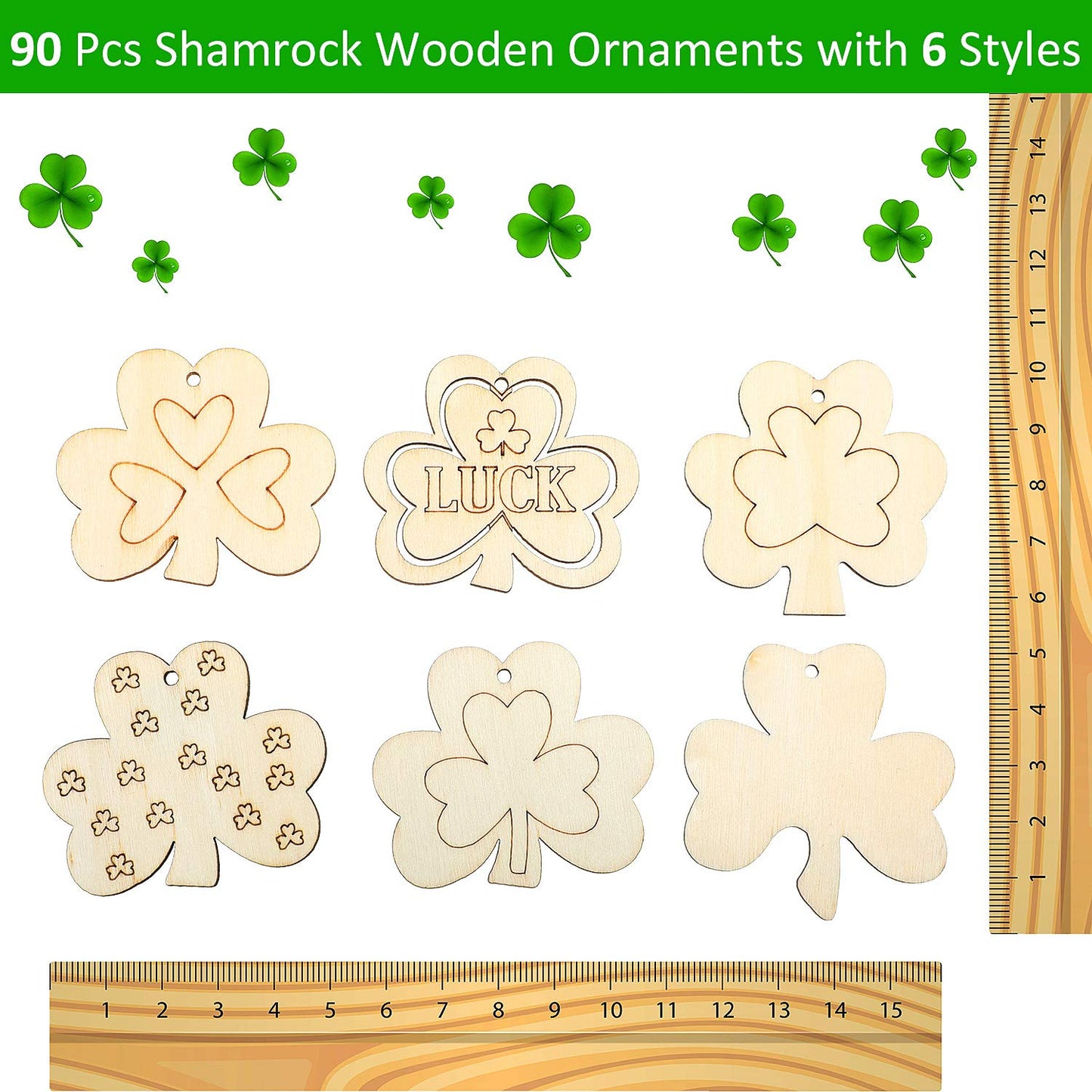90 Pieces Shamrock Wooden Ornaments St. Patrick's Day Unfinished Wooden Ornaments Clover Shape Wood Cutouts Wood Embellishments with 90 Pieces Twines