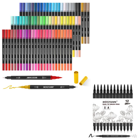 Mogyann Markers for Adult Coloring 72 Dual Tip Brush Markers + 12 Pack Black Markers Mogyann