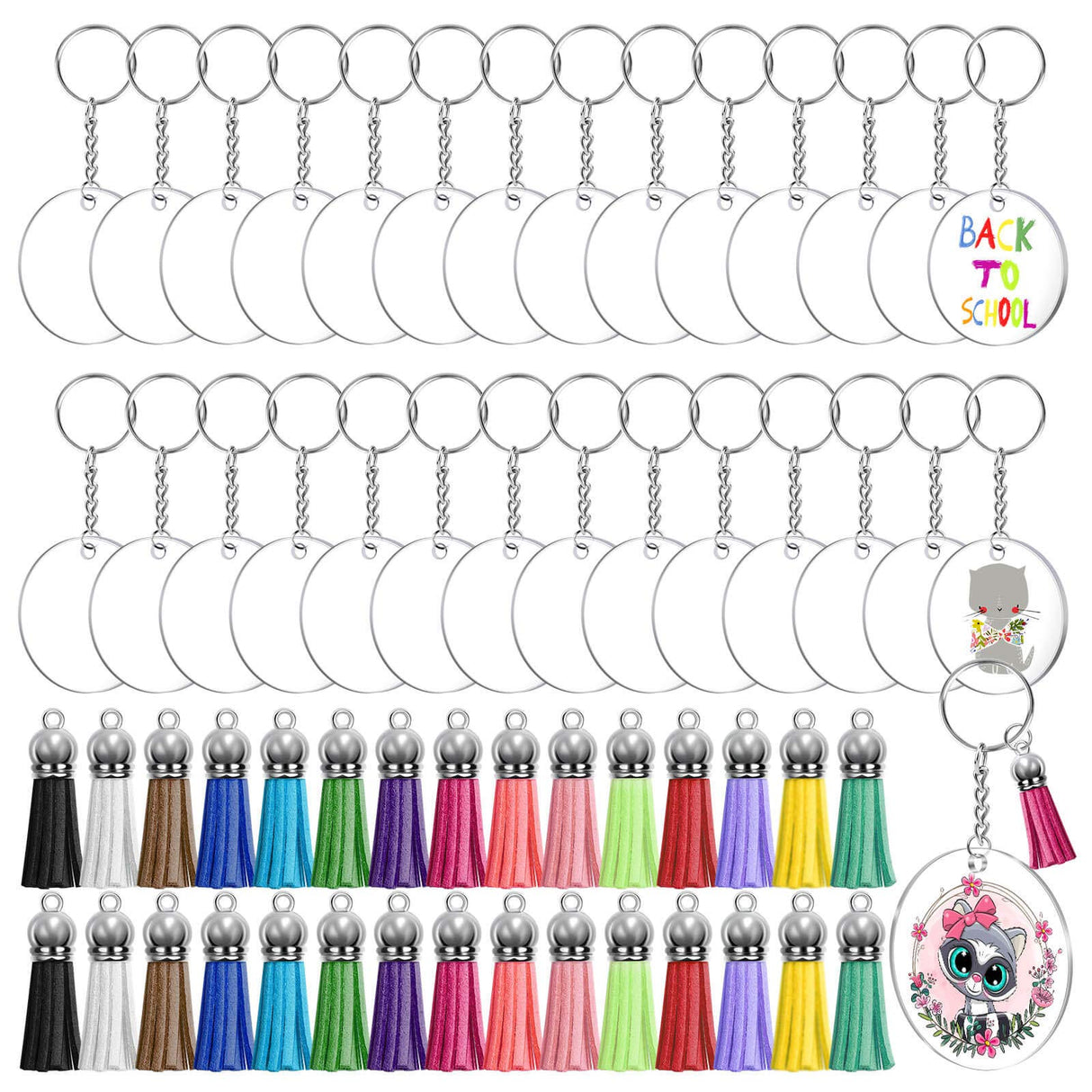 Audab 120pcs Acrylic Keychain Blanks for Vinyl Kit Including 30pcs Clear Acrylic Blanks, 30pcs Keychain Tassels, 30pcs Key Rings and 30pcs Jump Rings Audab