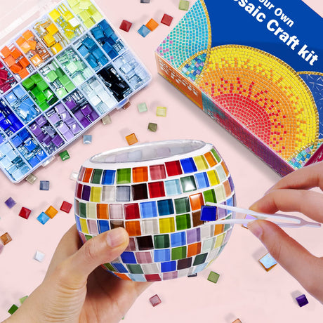 ONE TO FOUR Glass Mosaic Candle Holder Kit, Creativity DIY Stained Glass Kit for Kids & Adults, Tealight Candle Holder for Home Lighting Decor, ONE TO FOUR