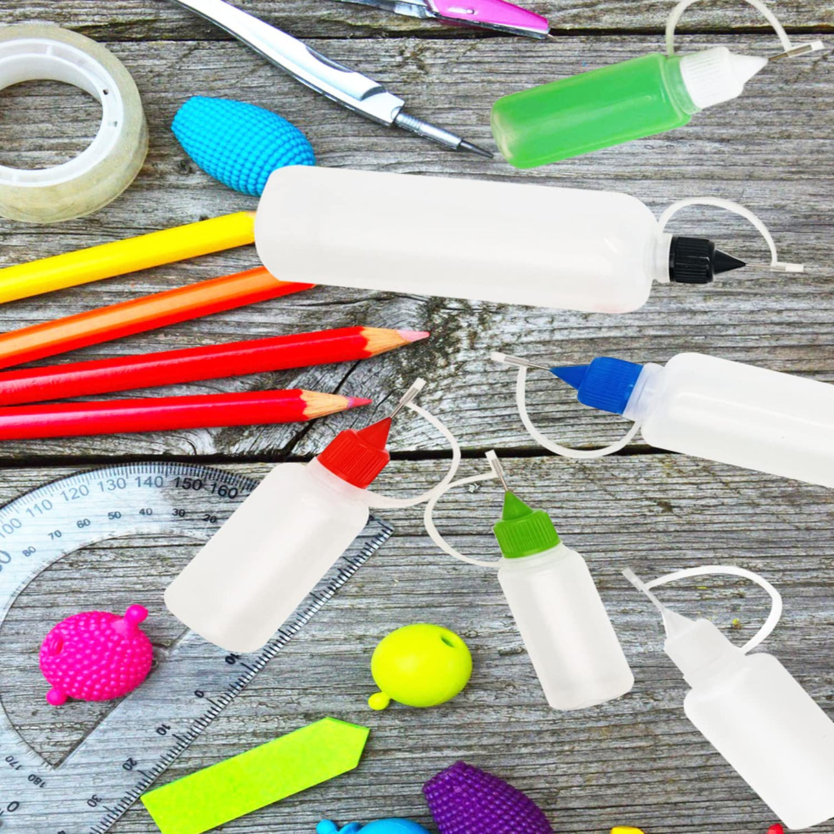 XYSMZM 12 Pcs 1 Ounce Precision Tip Applicator Bottles, 30ML Needle Tip Glue Bottles for DIY Paper Quilling Craft, with 2 Mini Funnel, 6 Color Lids XYSMZM