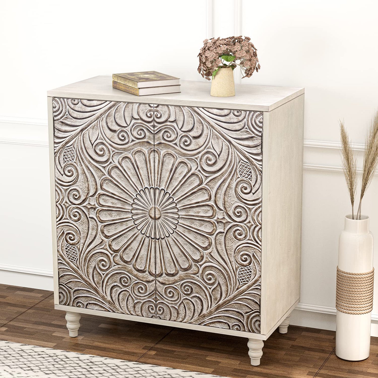 HOMPUS Accent Cabinet w Flower Pattern Doors & Shelf,Rustic Boho Decorative Cabinet w Wood Grain Finish,Buffet Sideboard Storage Cabinet,Coffee Bar HOMPUS