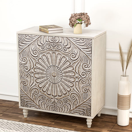 HOMPUS Accent Cabinet w Flower Pattern Doors & Shelf,Rustic Boho Decorative Cabinet w Wood Grain Finish,Buffet Sideboard Storage Cabinet,Coffee Bar HOMPUS