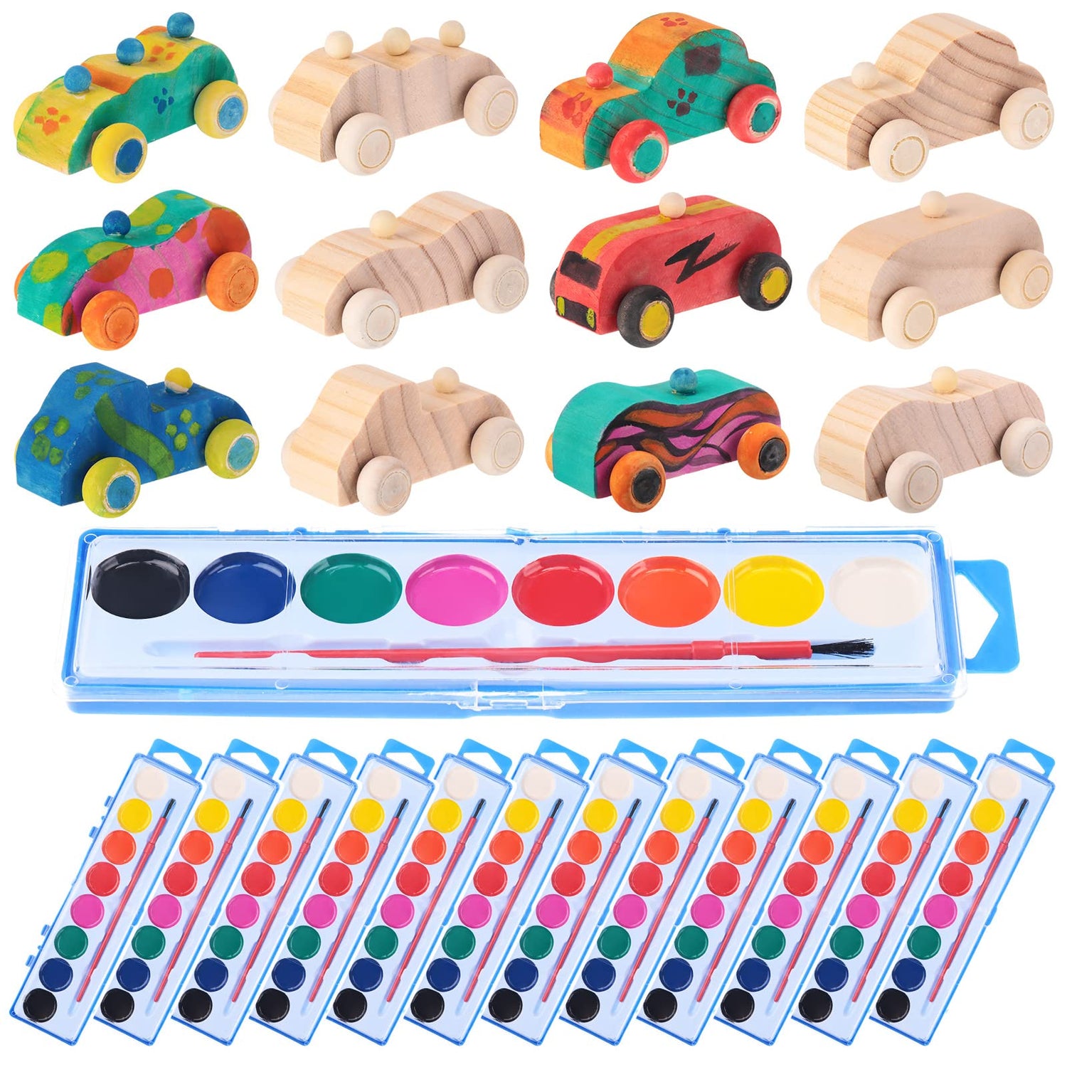 Leitee 12 Sets Unfinished Paintable Wooden Cars DIY Toys with Watercolor Paint Wooden Toy Cars Wood Crafts for Woodworking School Family Arts Home Leitee