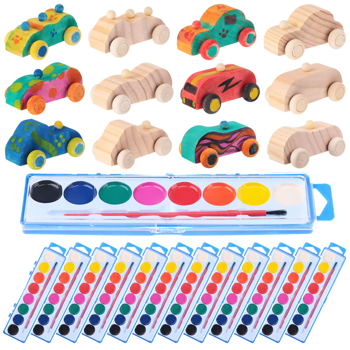 Leitee 12 Sets Unfinished Paintable Wooden Cars DIY Toys with Watercolor Paint Wooden Toy Cars Wood Crafts for Woodworking School Family Arts Home Leitee