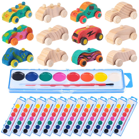 Leitee 12 Sets Unfinished Paintable Wooden Cars DIY Toys with Watercolor Paint Wooden Toy Cars Wood Crafts for Woodworking School Family Arts Home Leitee
