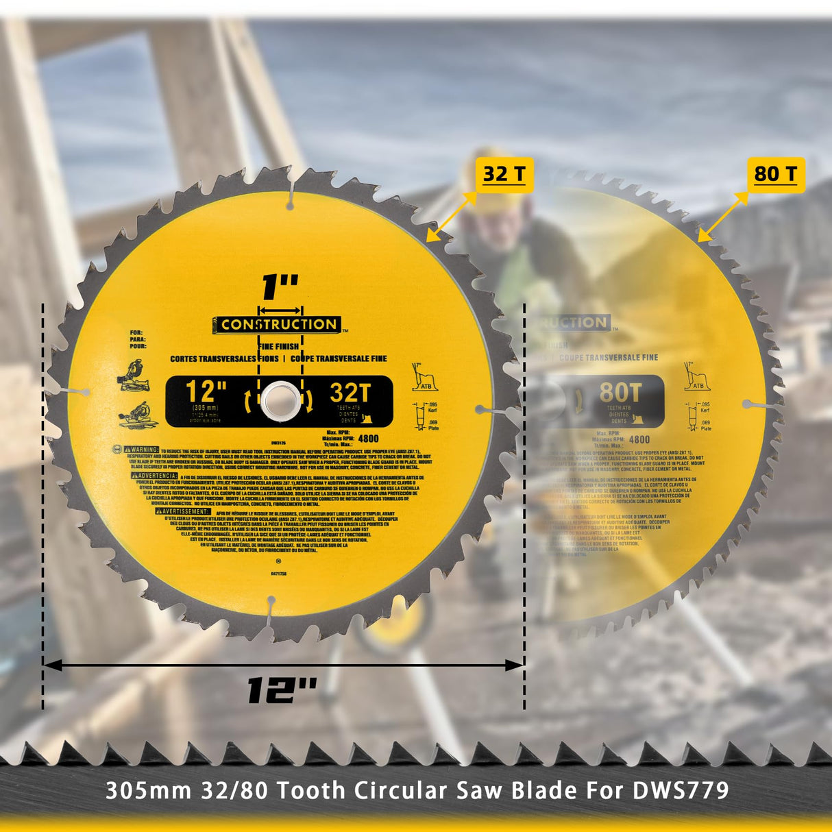 Upgraded DW3128P5 (2-Pack) 12in 80T&32T(dw3128/dw3123) Miter Saw Blade,Tungsten Carbide,Crosscutting,Compatible with DEWALT, for Miter Saws OEM home