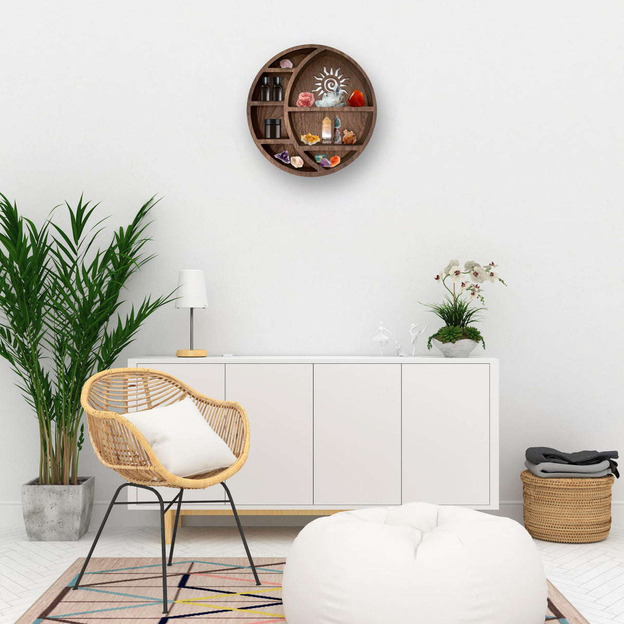 Wooden Crescent Sun Moon Shelf Wall Decor - Decorative Boho Home Hanging Display Shelf for Bedroom, Dorm, Nursery - Easy Mount Storage for Crystals Nimpro