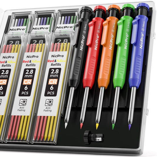 Nicpro 5 Pack Carpenter Pencil with Sharpener, Mechanical Carpenter Pencils with 41 Refills (Red, Black, Yellow), Deep Hole Marker Construction Heavy - WoodArtSupply