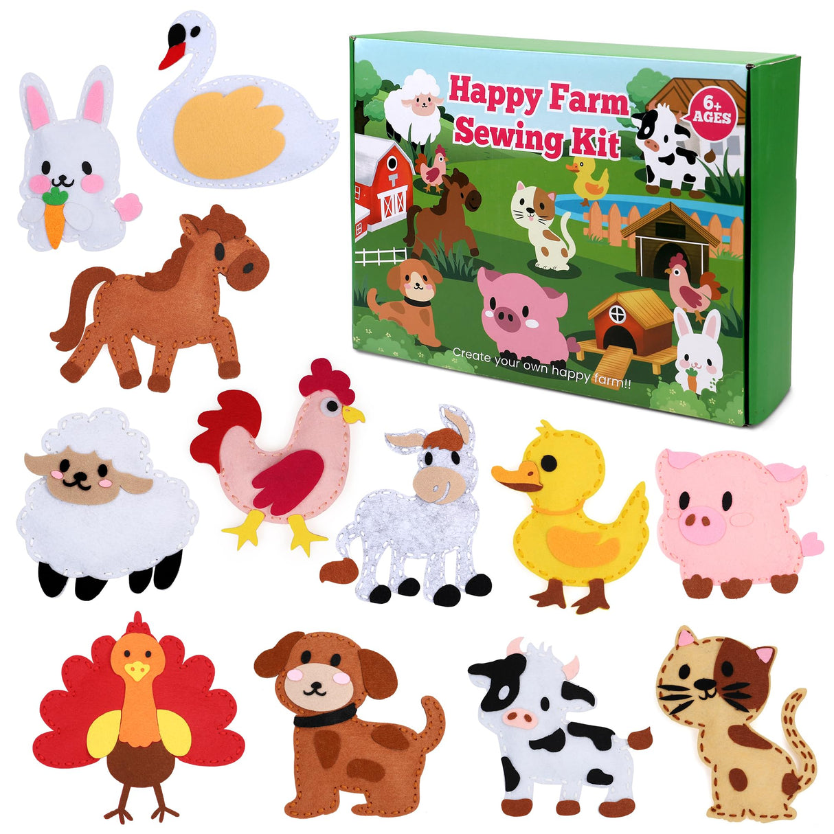 YEETIN Sewing Kit for Kids Ages 6+, Beginner Felt Sewing Craft Kit, DIY Farm Stuffed Animals Making Set, Art Projects for Girls Toys, Learn to Sew YEETIN