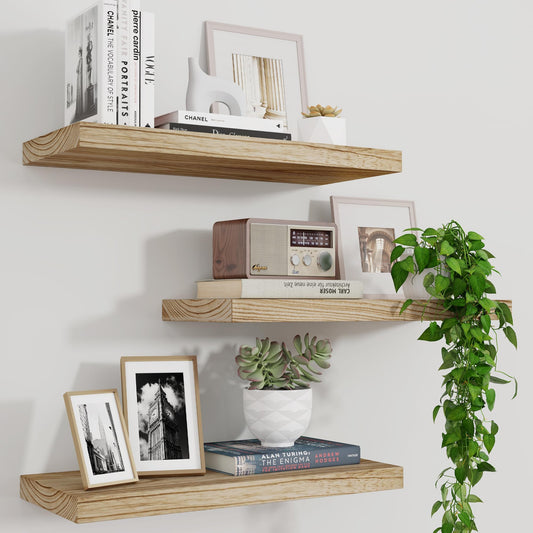 Floating Shelves, 17 Inch Wall Shelf Set of 3, Rustic Wood Shelves for Wall Storage, Wall Mounted Wooden Display Shelf for Bedroom Kitchen, - WoodArtSupply