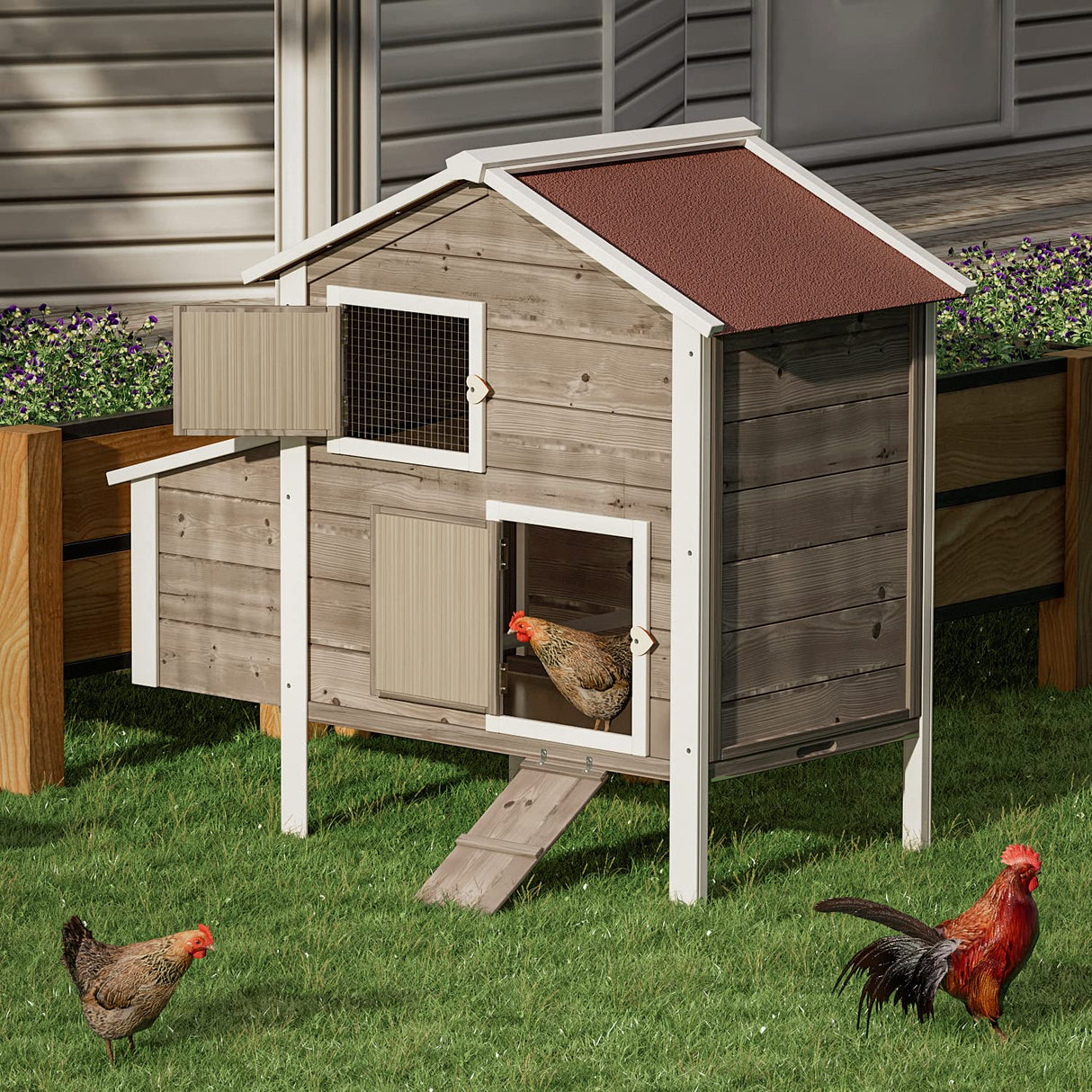 MoNiBloom Chicken Coop Hen House with Nesting Box for Yard, Removable Bottom Wooden Poultry Hutch Rabbit Cage for Easy Cleaning, Waterproof Roof MoNiBloom
