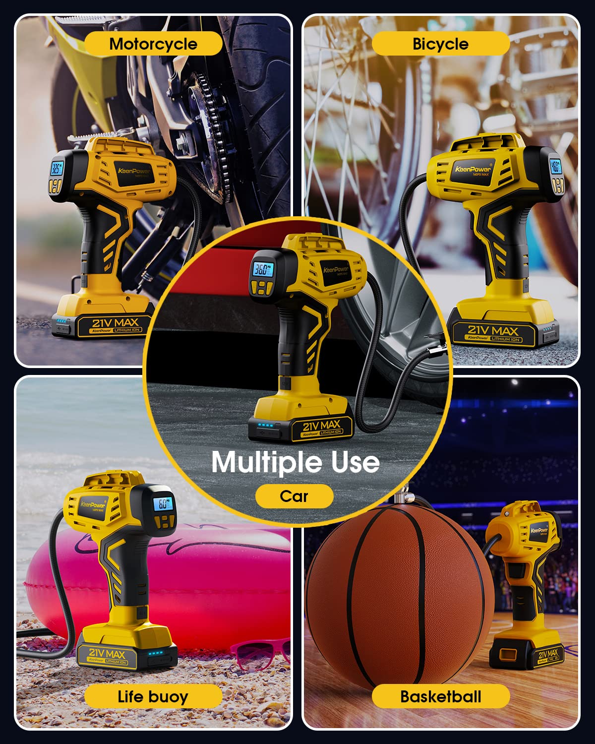 KeenPower Tire Inflator Portable Air Compressor - 2X Faster - 21V Rechargeable Battery Powered Handheld 160PSI Tire Inflator, Dual Power Supply KeenPower