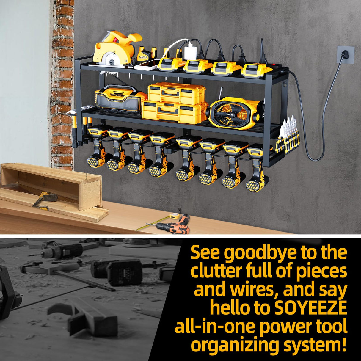 SOYEEZE Power Tool Organizer with Charging Station- Garage 8 Drill Holder Built in 8 Outlet Power Strip (DRILLDOCK PRO) SOYEEZE