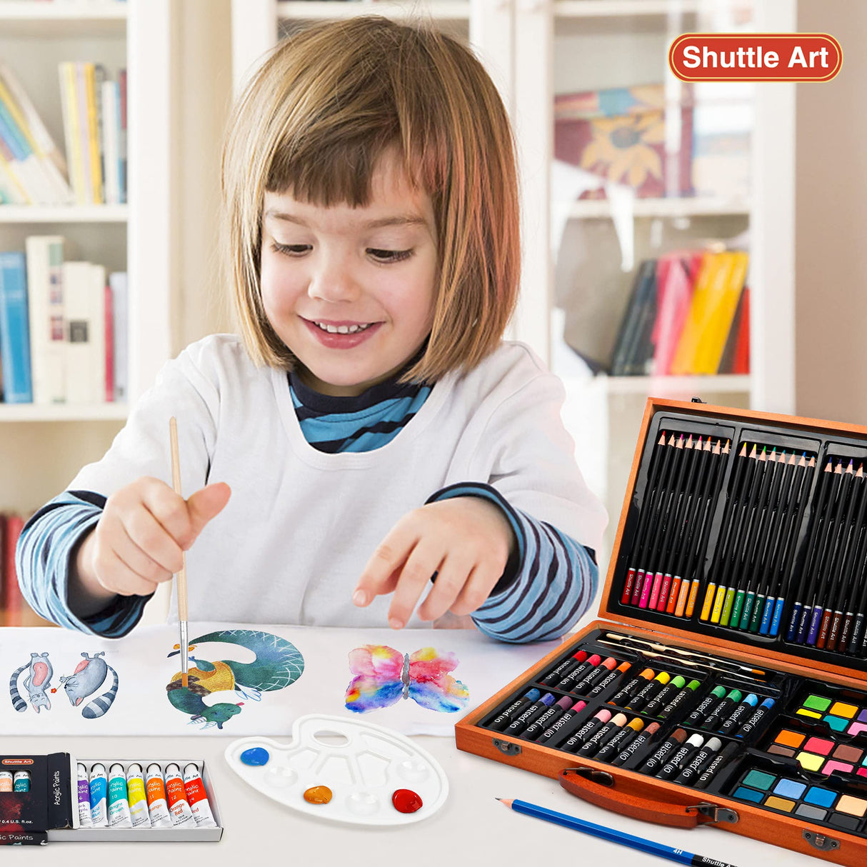 Shuttle Art 118 Piece Deluxe Art Set, Art Supplies in Wooden Case, Painting Drawing Art Kit with Acrylic Paint Pencils Oil Pastels Watercolor Cakes Shuttle Art