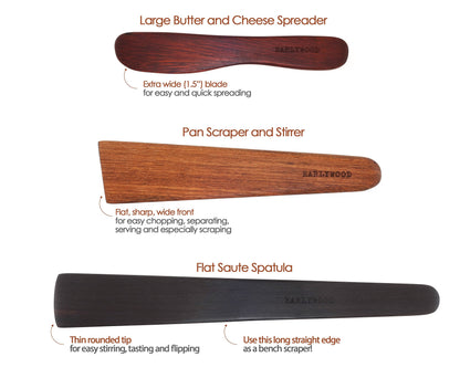 3-Piece Wooden Kitchen Cooking Utensil Set - Comes w/a Thin Wood Spatula Flipper, Wooden Cast Iron Scraper Stirrer and Butter Turner/Cheese Spreader