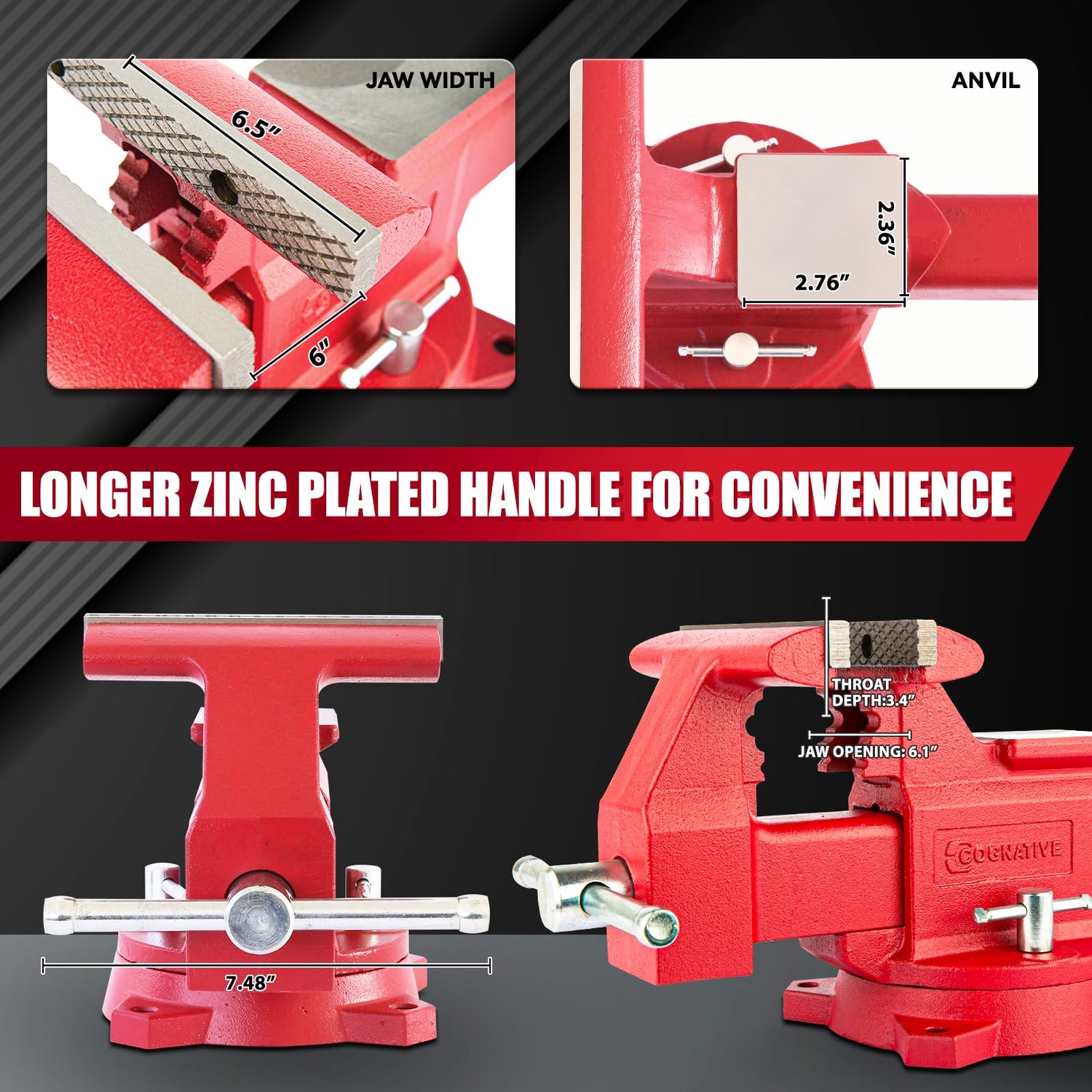 COGNATIVE 6.5" Heavy-Duty Ductile Iron Bench Vise 360° Swivel Bench Vise with Anvil, Red COGNATIVE