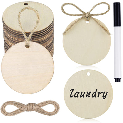 40 Pack Round Wood Tag Wooden Circles for Craft Wooden Unfinished Round Circles with Hole Blank Wood Discs Slices Ornament Hanging Tag and Marker Pen