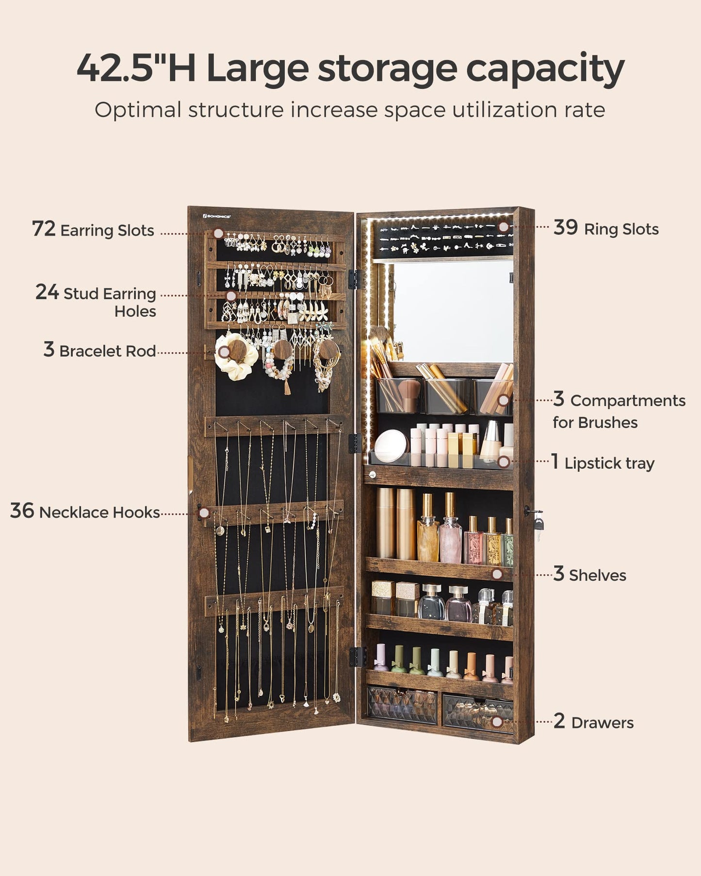 SONGMICS Mirror Jewelry Cabinet Armoire Organizer, Wall/Door Mount Storage Cabinet with Full-Length Frameless Lighted, Built-in Makeup Mirror, 2