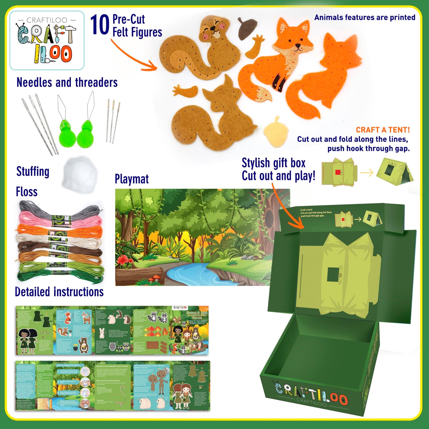 CRAFTILOO Woodland Sewing Kit for Kids, Fun and Educational Fairytale Craft Set for Boys and Girls Age 7-12, Sew Your Own Felt Forest Animal Craft