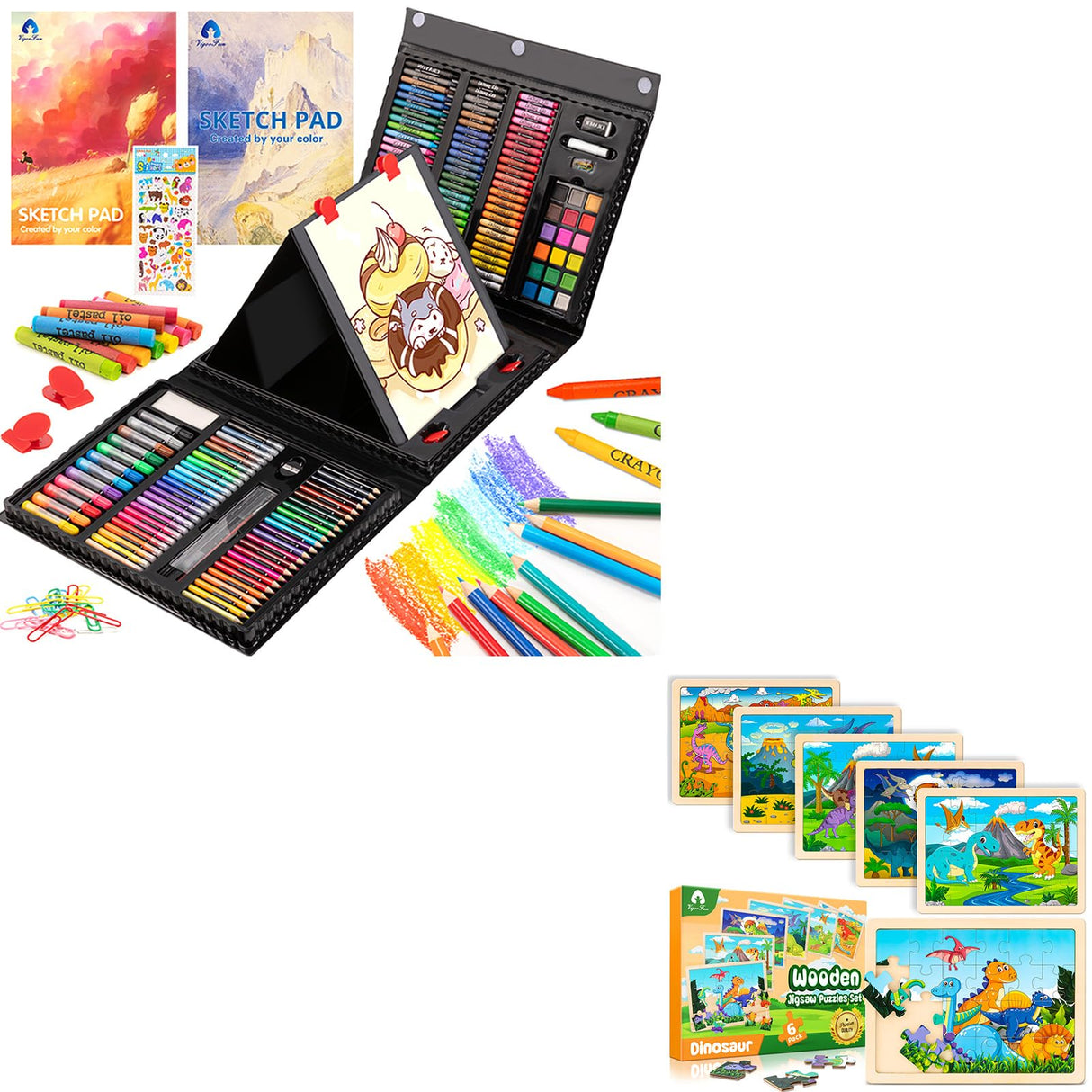 240 Piece Art Set & 6 Pack Wooden Dinosaur Puzzles for Kids VigorFun