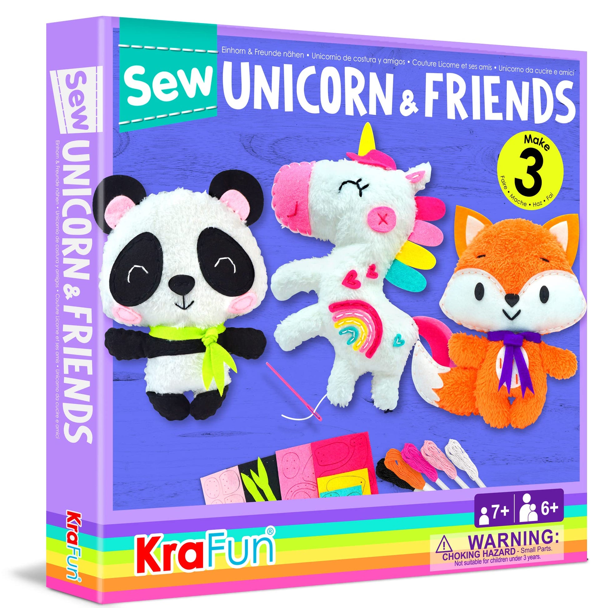 KRAFUN Unicorn Beginner Animal Sewing Kit for Kids Age 7-13 My First Art & Craft, Includes 3 Stuffed Animal Dolls Panda, Fox, Instructions & Plush - WoodArtSupply