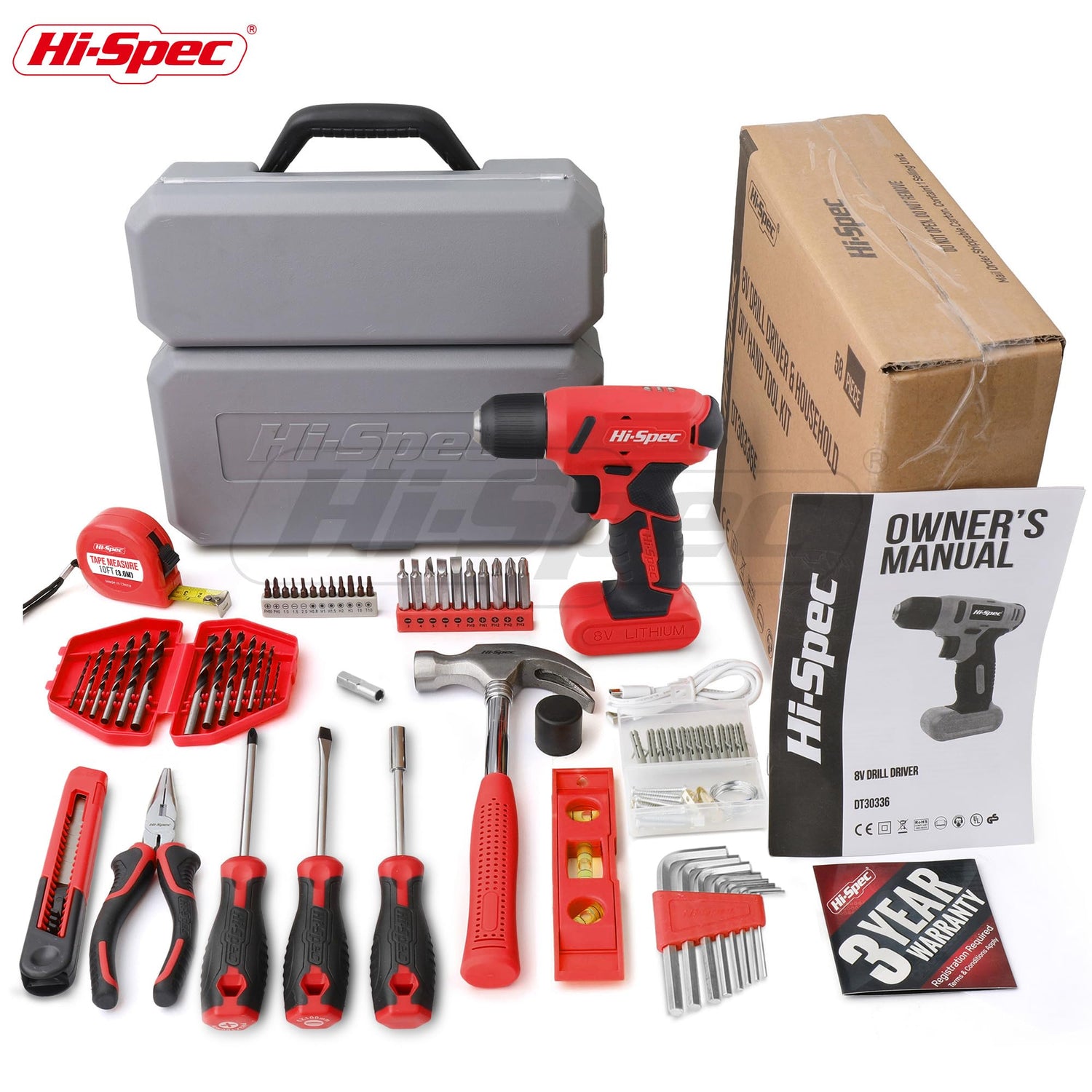 Hi-Spec 58pc Red 8V Electric Drill Driver & Household Tool Kit Set. A DIY Cordless Power Screwdriver Hi-Spec