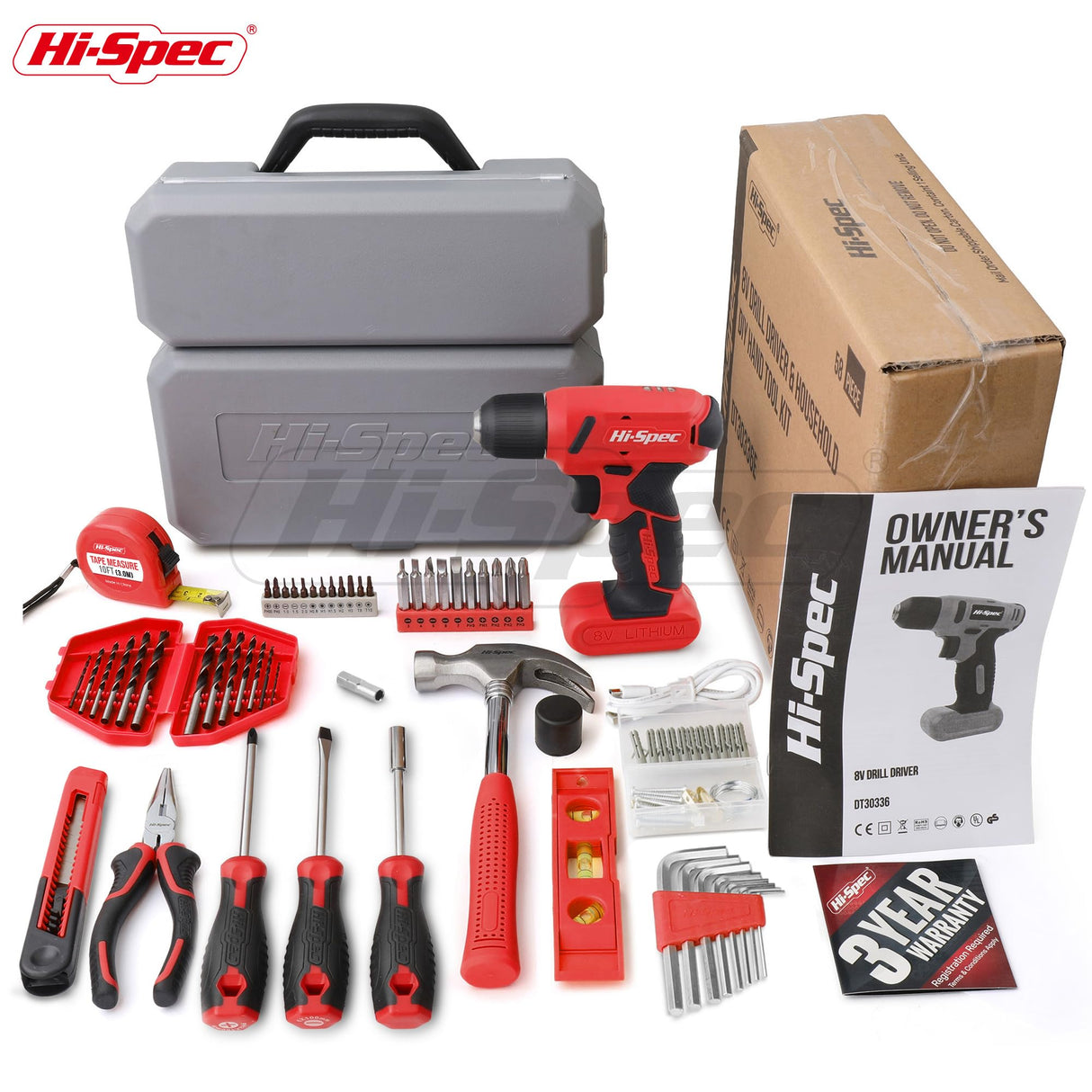 Hi-Spec 58pc Red 8V Electric Drill Driver & Household Tool Kit Set. A DIY Cordless Power Screwdriver Hi-Spec