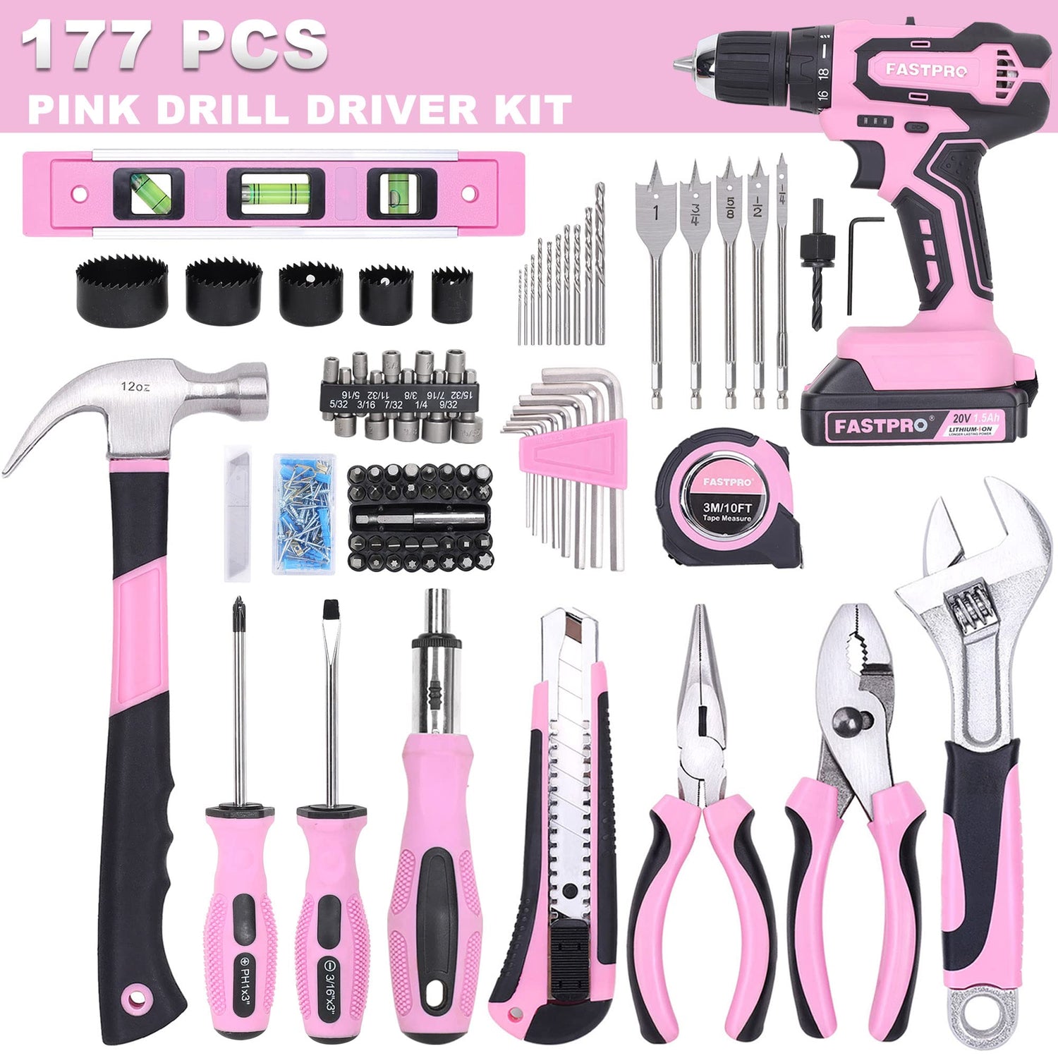 FASTPRO 177-Piece 20V Pink Cordless Lithium-ion Drill Driver and Home Tool Set, Lady's Home Repairing Tool Kit with Drill in Tool Storage Case FASTPRO