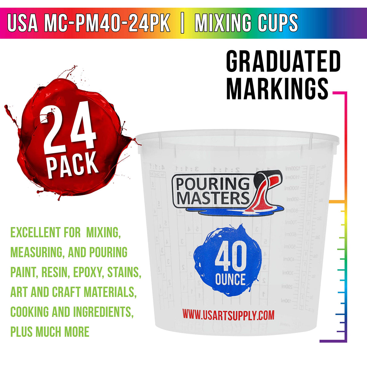 Pouring Masters 40 Ounce (1200ml) Graduated Plastic Mixing Cups (Box of 24) - Use for Paint, Resin, Epoxy, Art, Kitchen, Cooking, Baking - Pouring Masters