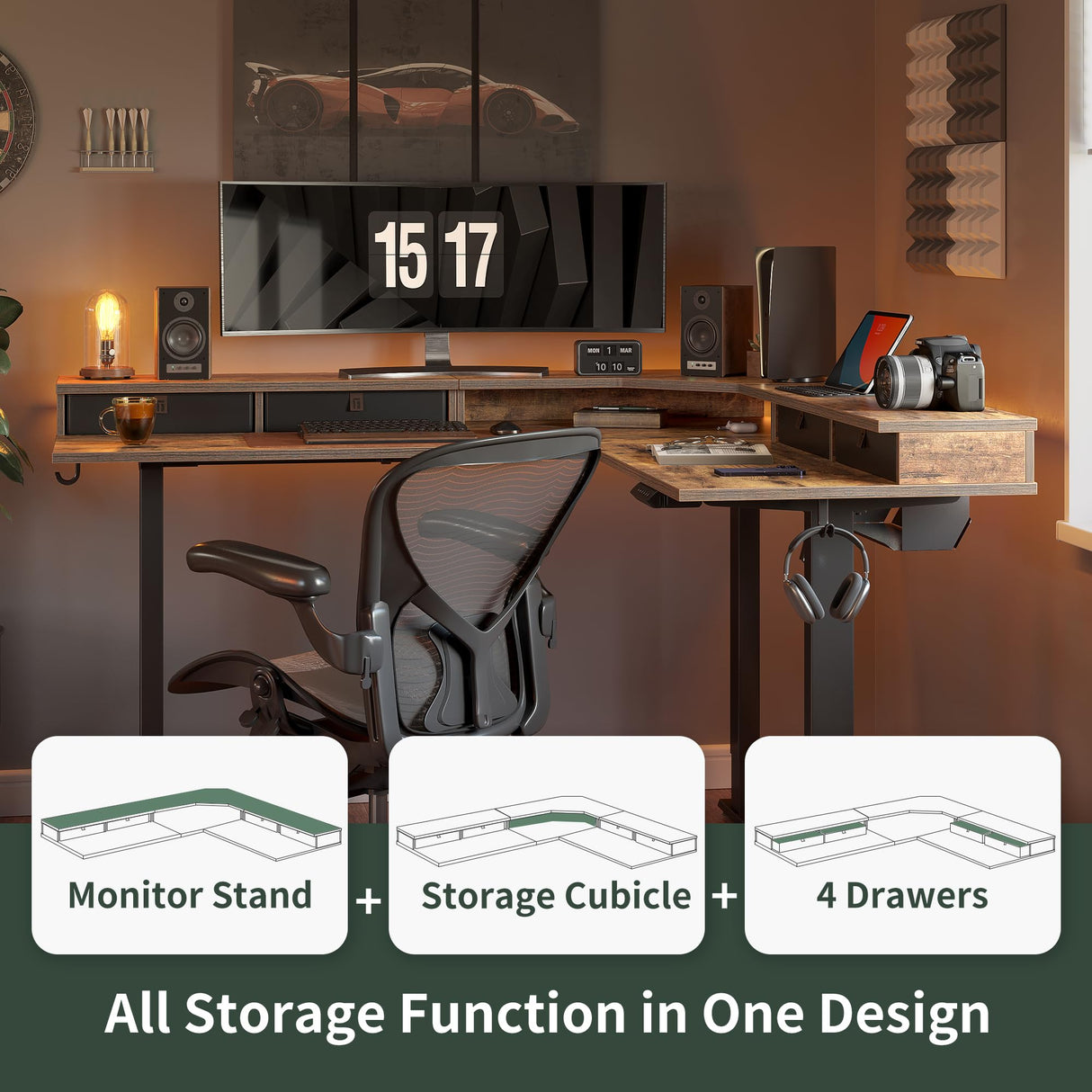 FEZIBO 63" L Shaped Standing Desk with 4 Drawers, Electric Standing Gaming Desk Adjustable Height, Corner Stand up Desk with Splice Board, Black FEZIBO