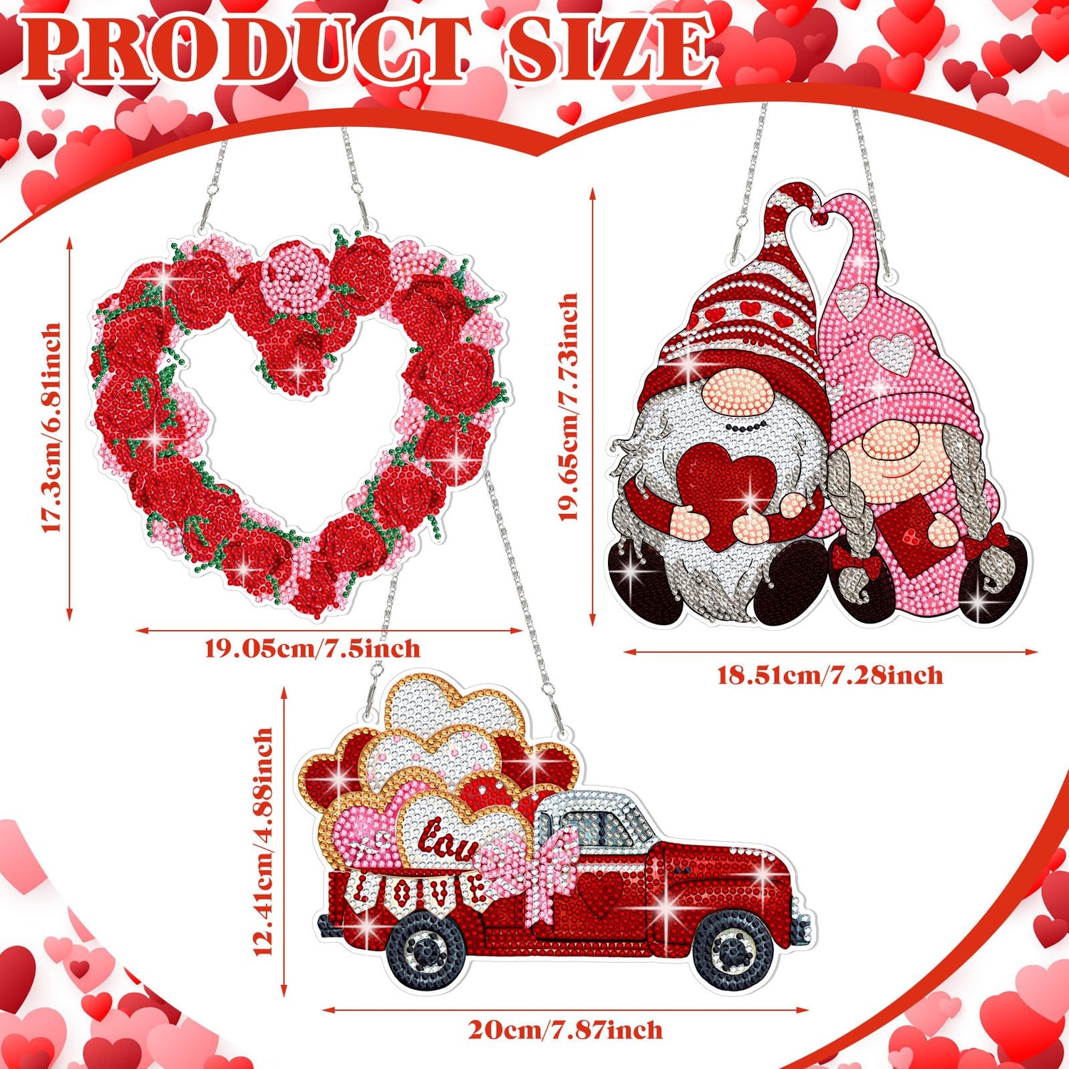 Menkxi 3 Set Valentine's Day Diamond Painting Hanging Sign 5D Truck Heart Wreath Gnomes Diamond Painting Kits DIY Crystal Paint Arts and Crafts Set Menkxi