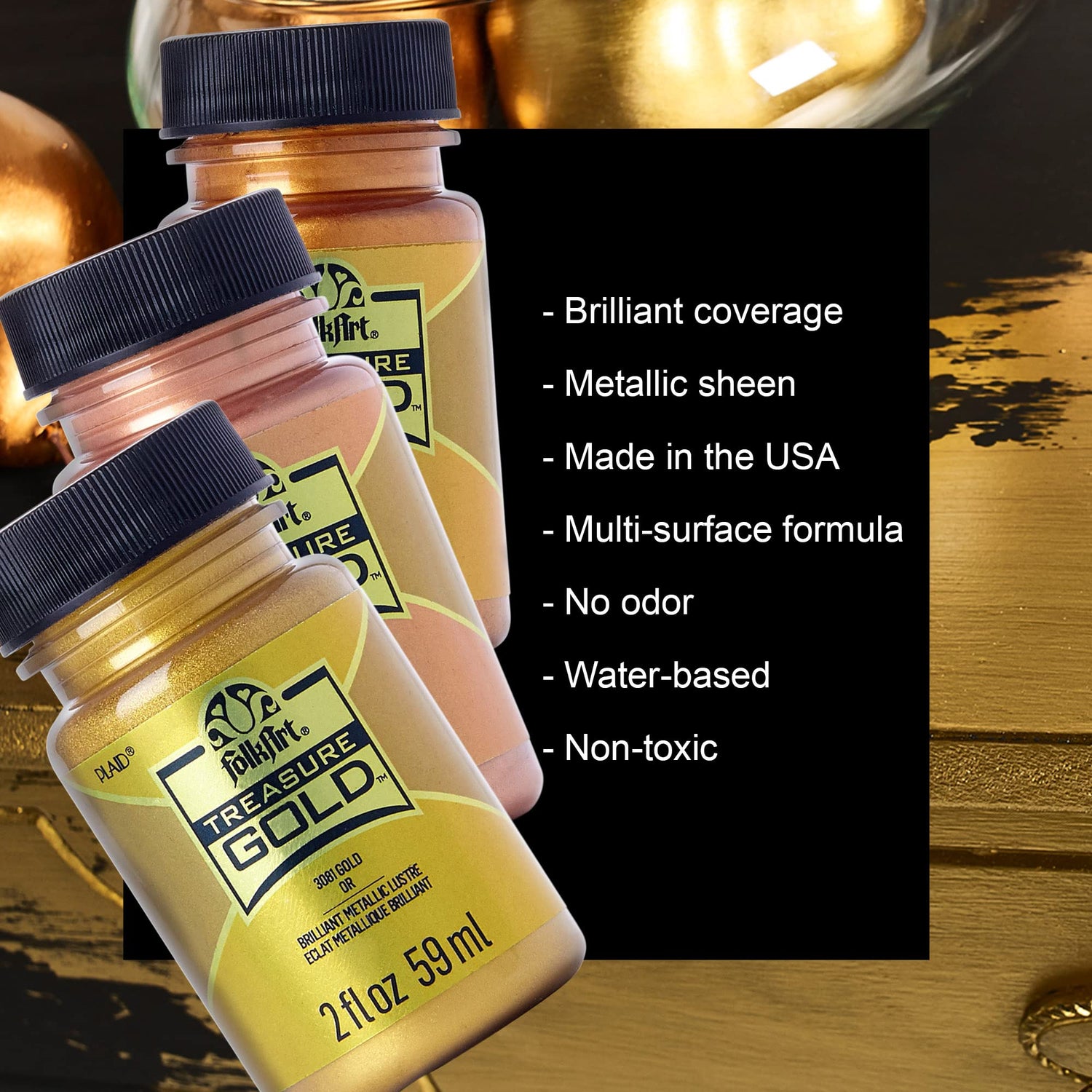 FolkArt Gold Assorted Easy to Apply DIY Crafts, Art Supplies with A Metallic Finish Treasure Paint 2 Fl Oz 59 Ml (Pack of 1) FolkArt