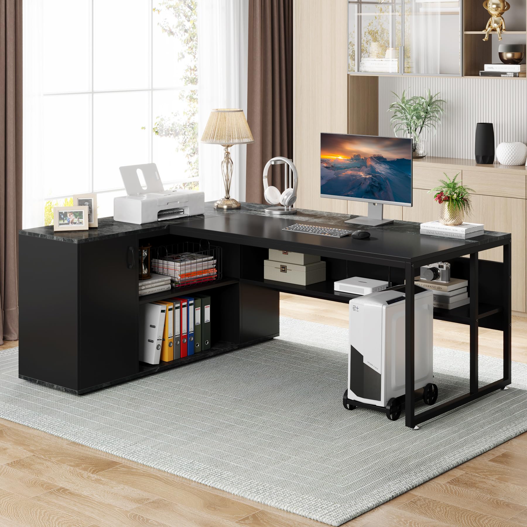 Tribesigns 71 inch Executive Desk, L Shaped Desk with Cabinet Storage, Executive Office Desk with Shelves, Business Furniture Desk Workstation for - WoodArtSupply