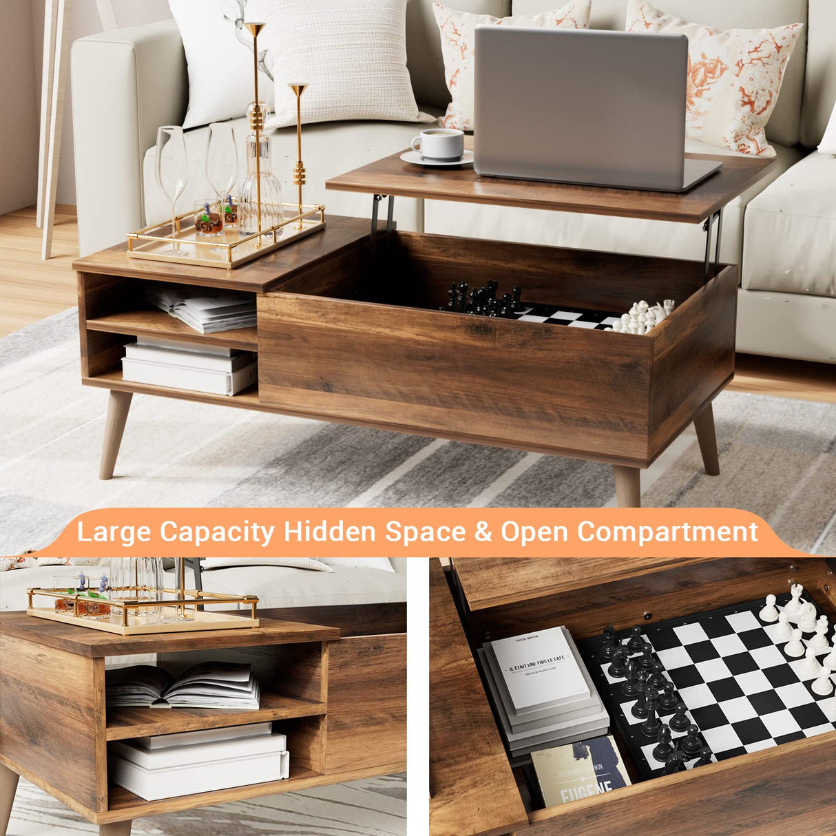 Furmax Lift Top Coffee Table with Adjustable Storage Shelf, Hidden Compartment and Metal Frame, Wood Mid Century Modern / Retro Small Center Table Furmax