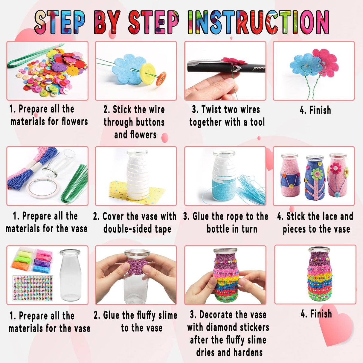 Crafts for Girls Ages 6-10 Make Your Own Flower Bouquet with Buttons and Felt Flowers, Vase Art and Craft for Children - DIY Activity Christmas 7july