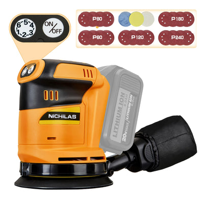 Random Orbital Sander Cordless Brushless Motor 6 Speeds Max 13500RPM, 5” Electric Sander with Dust Collector for Dewalt Battery, (Battery Not