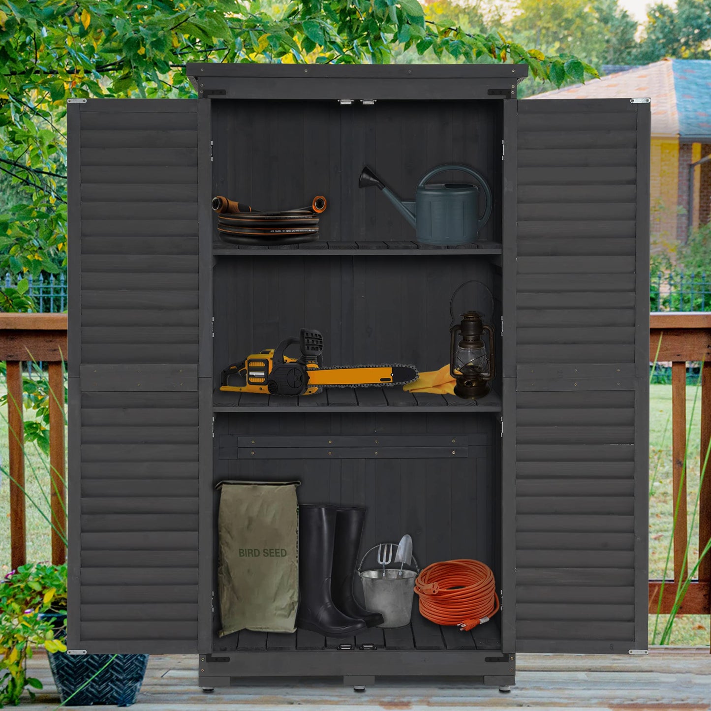 MCombo Outdoor Storage Cabinet, Garden Storage Shed, Outside Vertical Shed with Lockers, Outdoor 63 Inches Wood Tall Shed for Yard and Patio 0870 - WoodArtSupply