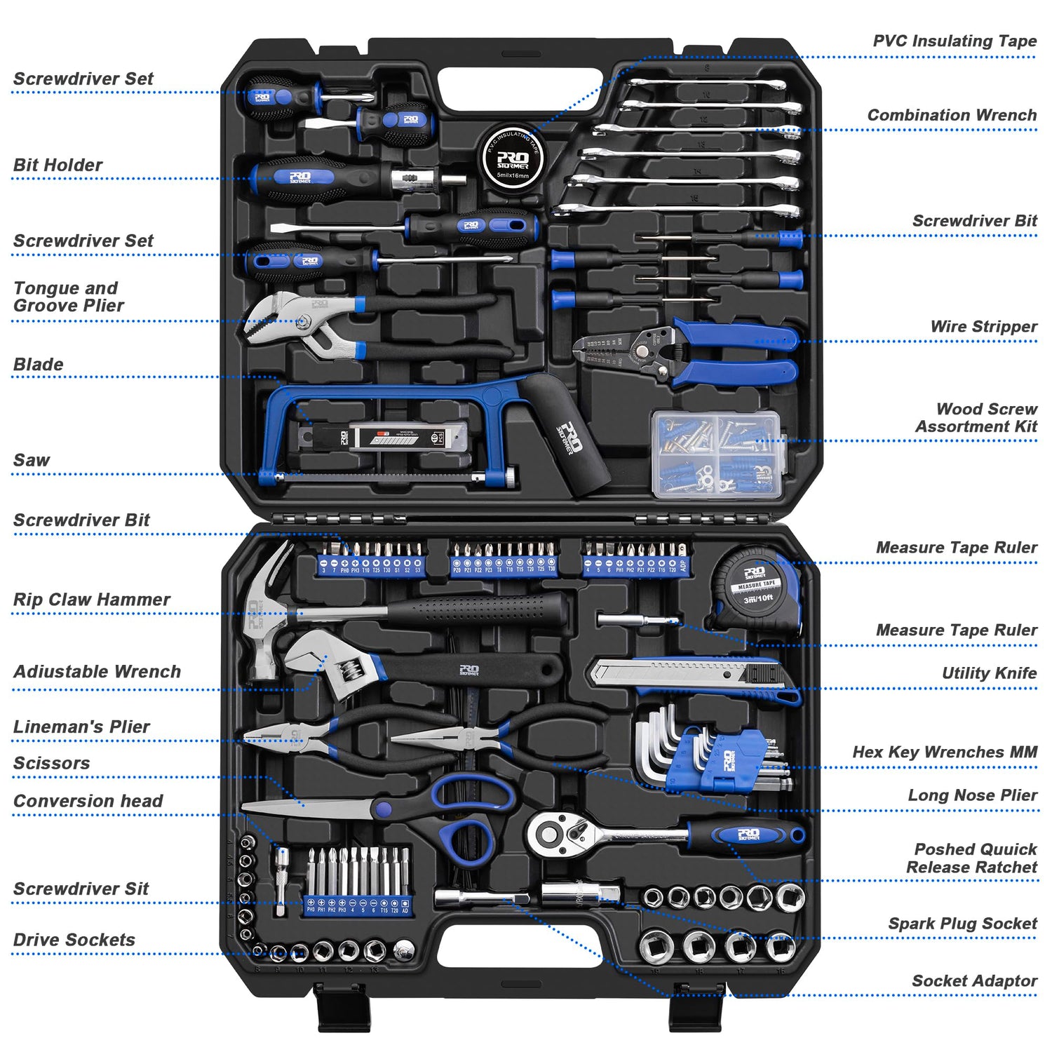 216-Piece Household Tool Kit, Prostormer Multi-Purpose DIY Home/Auto Repairing Hand Tool Set with Hammer, Pliers, Screwdriver Set, Wrench Sockets and Prostormer