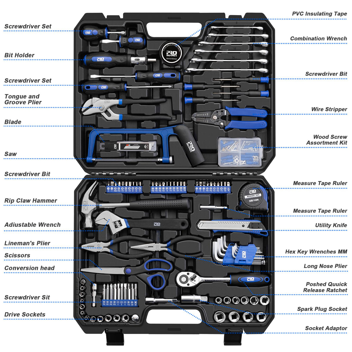 216-Piece Household Tool Kit, Prostormer Multi-Purpose DIY Home/Auto Repairing Hand Tool Set with Hammer, Pliers, Screwdriver Set, Wrench Sockets and Prostormer