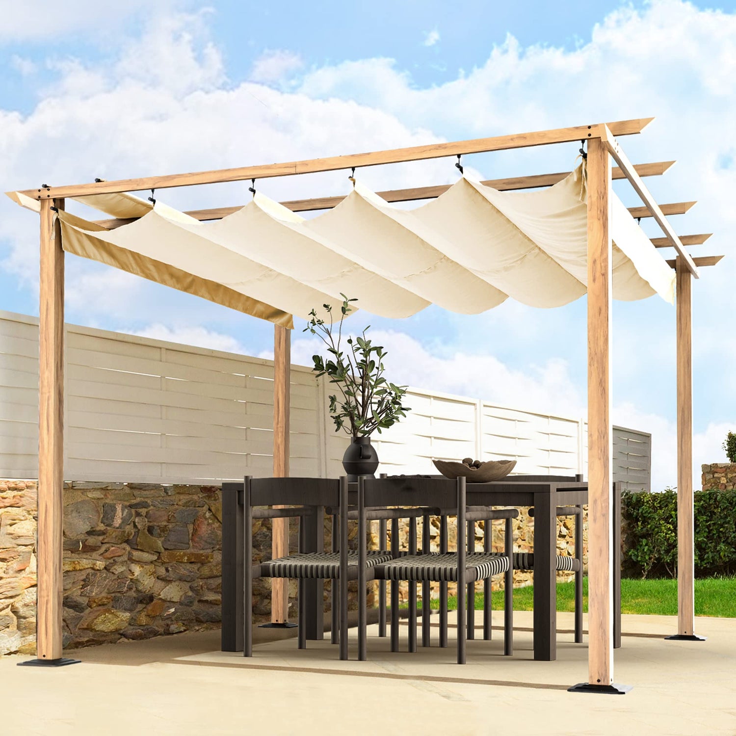 HAPPATIO 10' X 10' Wood-Grain Aluminum Pergola - Adjustable Sun Shade Canopy with Retractable Roof for Backyard, Deck, Patio, by The Pool （Beige） HAPPATIO