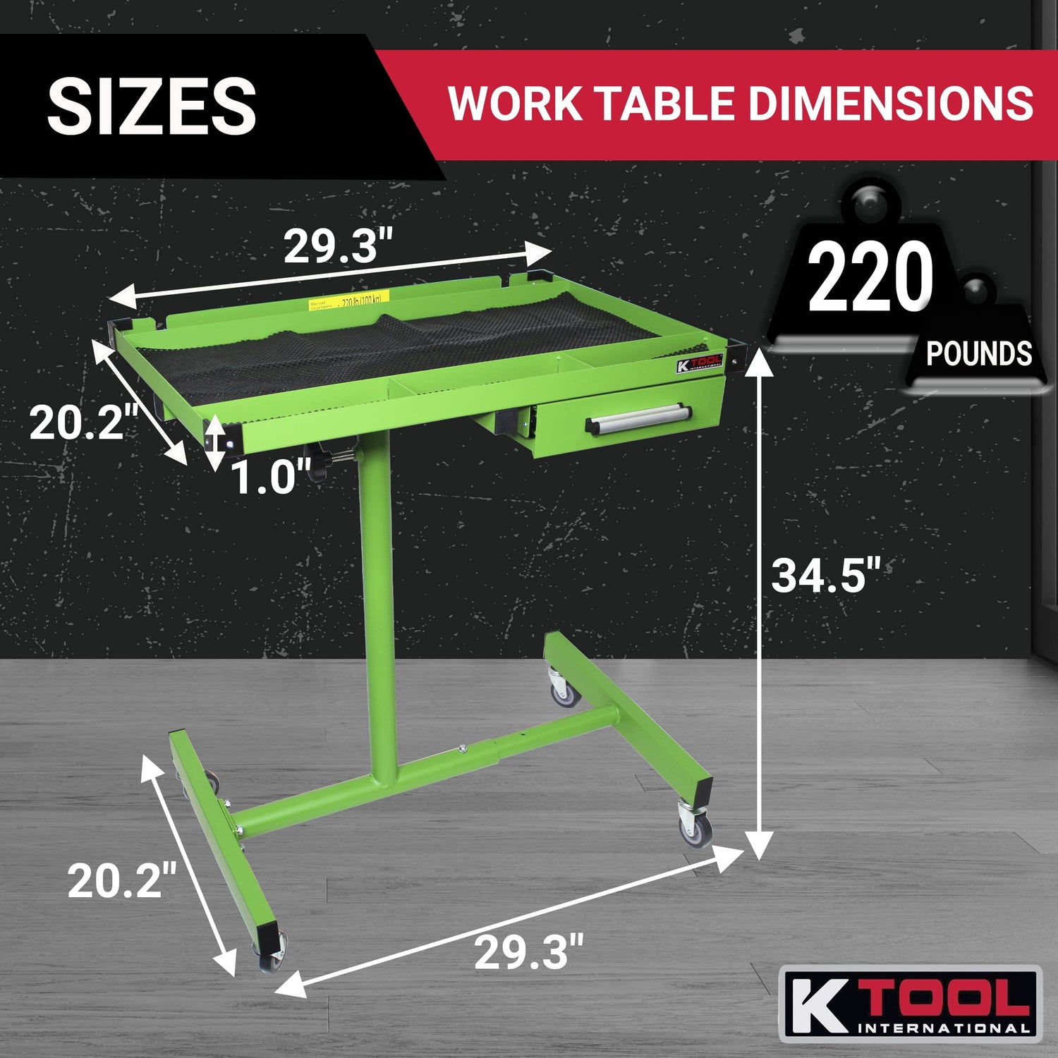 K Tool International 75108 Adjustable Tear Down Work Table with Drawer for Garages, Repair Shops, and DIY, Portable, (4) 2" Swivel Casters, 220 Pound K Tool International