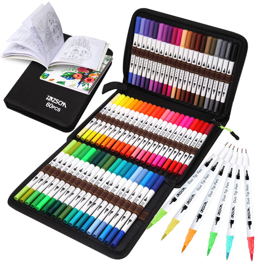 ZSCM Art Duo Tip Brush Markers Set, 60 Colors Fine& Brush Tip Artist Drawing Pens Set with Coloring Book, for Adult Sketching Journal Planner School - WoodArtSupply