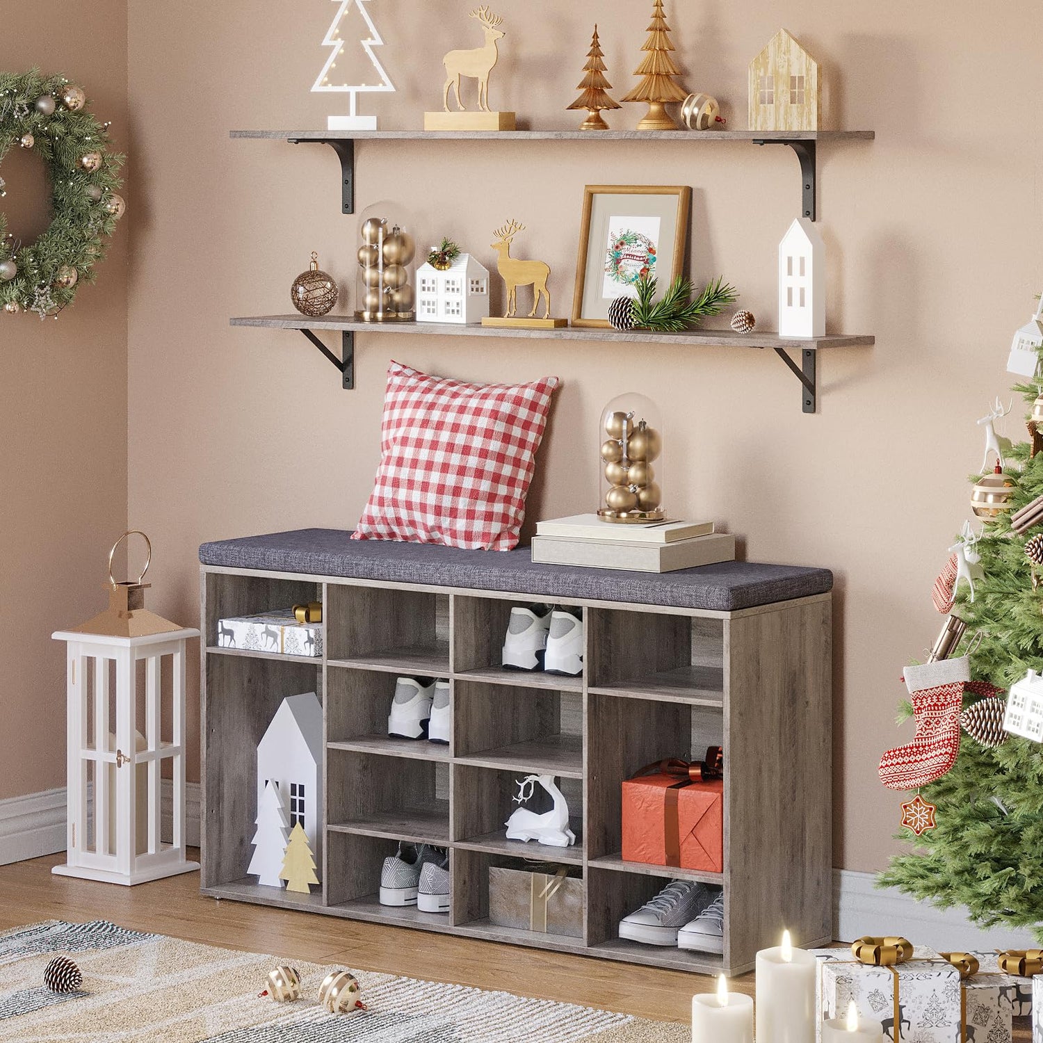 DINZI LVJ Shoe Storage Bench with Cushion, 16-Cubby Shoe Rack, Adjustable Shelves, Multifunctional Shoe Organizer Bench for Entryway, Mudroom, DINZI LVJ