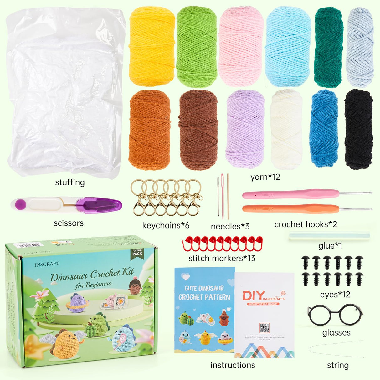 INSCRAFT Crochet Kit for Beginners, 6 Pack Dinosaurs Crochet Animal Kit,Starter Kit with Step-by-Step Video Tutorials, Learn to Crochet Kits for INSCRAFT