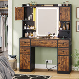 Tiptiper Makeup Vanity with Lights & Charging Station, Vanity Table with Time Display Mirror, Ambient Light, Storage Cabinets, Rustic Brown and Black Tiptiper