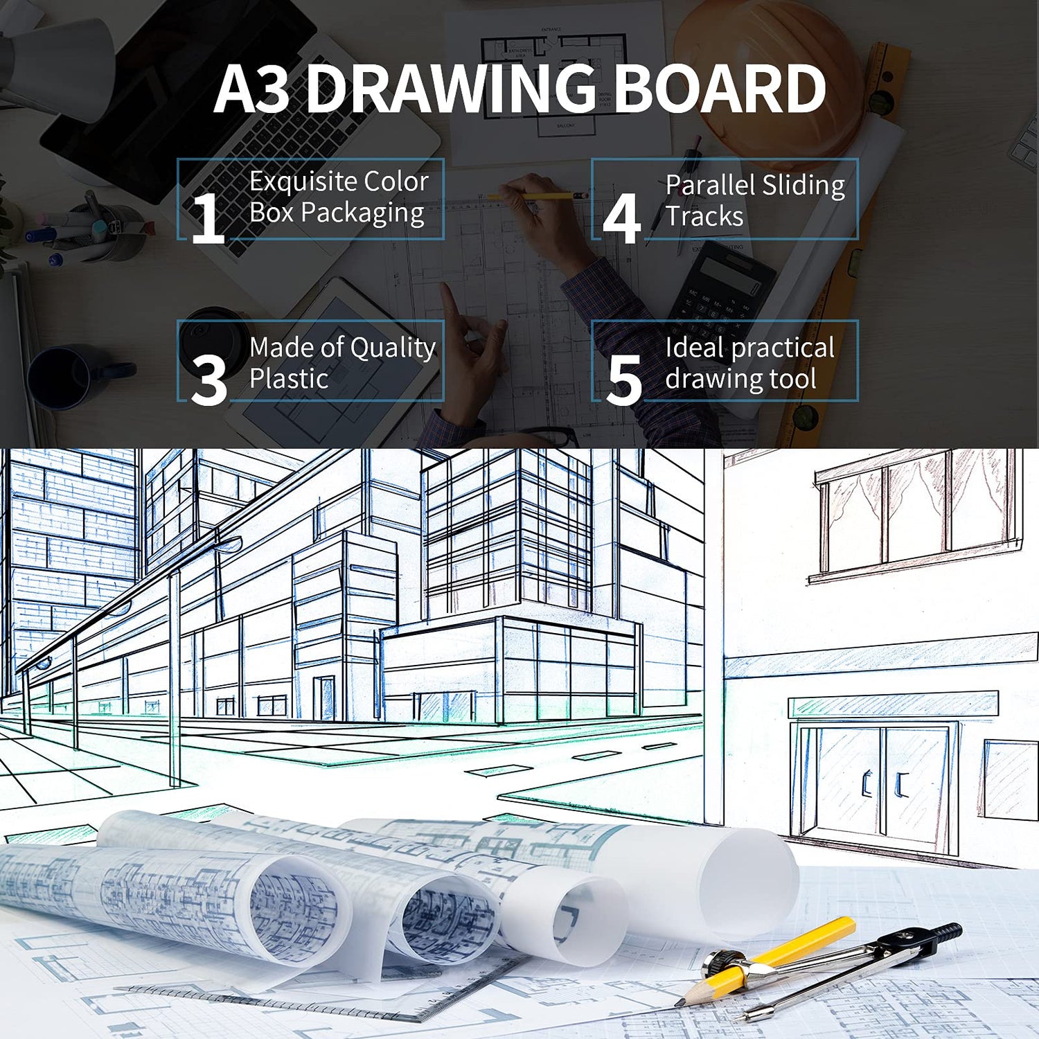 A3 Portable Drawing Board, Multi-Function Metric Drafting Table with Clear Rule Parallel Motion and Angle Adjustable Measuring System Zonon