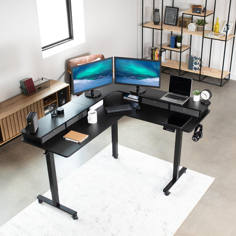 VIVO Electric 2-Tier Height Adjustable 63 x 55 inch Stand Up Corner Desk, L-Shaped Mobile Table with Memory Controller, Black Table Top, Black Frame, VIVO