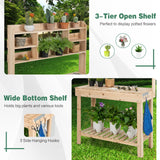 HAPPYGRILL Potting Bench Table, 60.5” Wood Workstation Workbench Table with Flip-Up Tabletop, Shelves & Hanging Hooks, Outdoor Flowerpot Bench, HAPPYGRILL