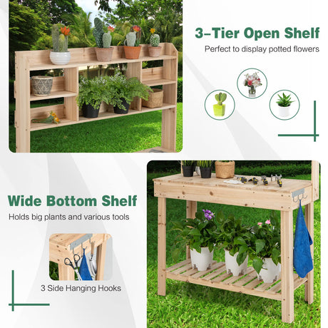 HAPPYGRILL Potting Bench Table, 60.5” Wood Workstation Workbench Table with Flip-Up Tabletop, Shelves & Hanging Hooks, Outdoor Flowerpot Bench, HAPPYGRILL